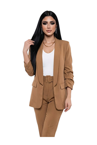 OEM Elegant camel women's jacket, loose fit, gathered sleeves, M/L