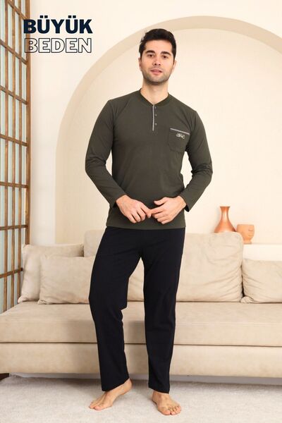 ALİMER Plus Size Men's Pajama Set - Green Emblem Embroidered Lycra Combed Cot...