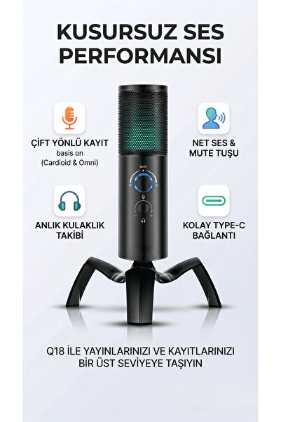 asua Profesyonel USB RGB Tak Çalıştır Mikrofon Çift Yönlü Kayıt Özellikli Yay...