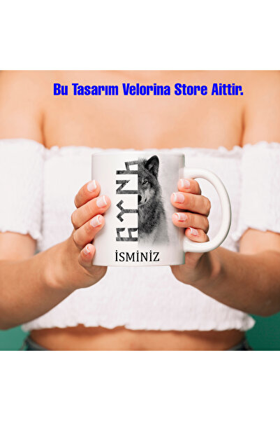 Kişiye Özel Göktürkçe Türk Yazılı ve Bozkurt Tasarımlı Porselen Kupa Bardak