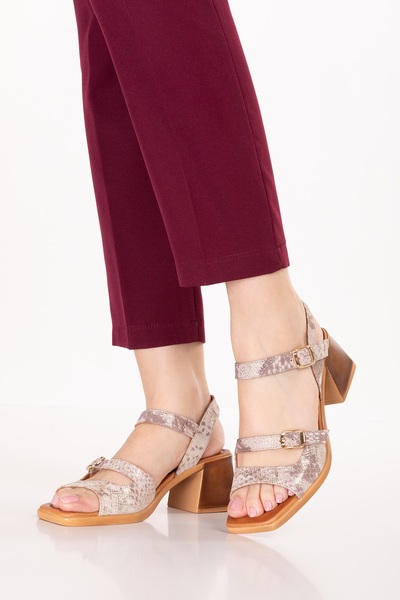 Gondol Genuine Leather Mid Heel Women's Sandals Pkr.19030 Beige Snake