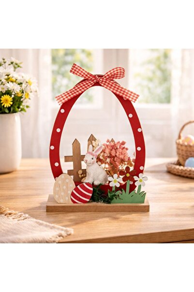 ZanaCasei Decorațiune de Paște din lemn cu ou roșu, gard și iepuraș 13x5x18cm