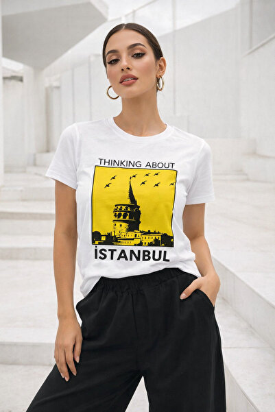 Rich Γυναικείο λευκό 100% βαμβακερό μπλουζάκι με στάμπα Istanbul και κοντό μα...