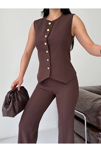 ZF BUTİK Women's Double Suit with Slit-Cut Sleeves, Buttoned Vest and Trousers