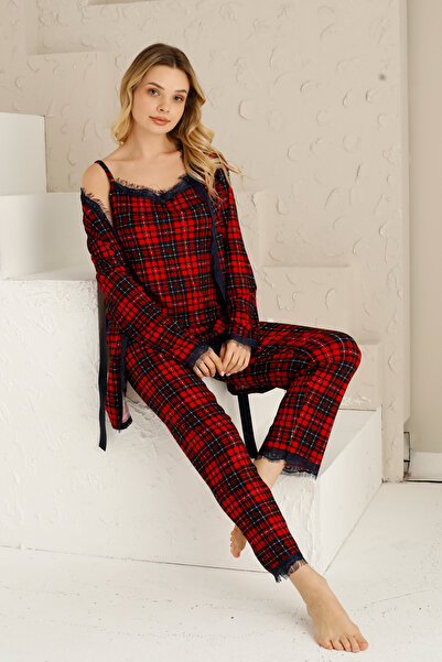 Morvarid Lace Detailed Pegasus Women's Pajamas Set with Dressing Gown - Dowry...