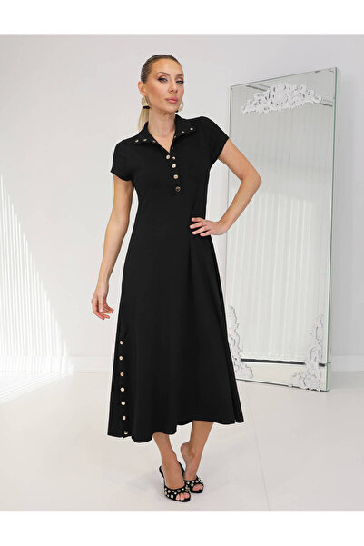 LE CARAMBOLE Women's Black Snap Closure Short Sleeve Dress