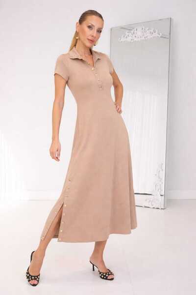 MODAMERSİ Rochie de damă bej cu mânecă scurtă și închidere cu capse