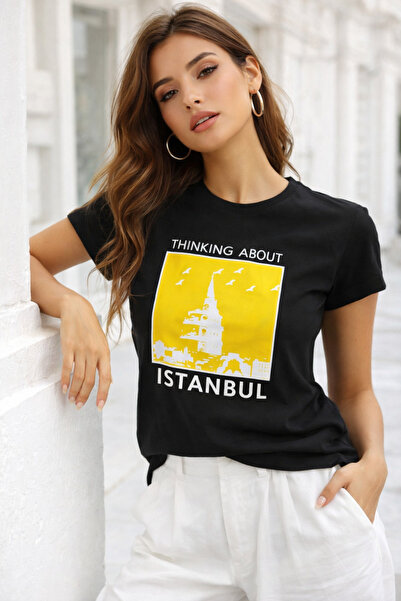 Rich Women's Black 100% Cotton Istanbul Printed Short Sleeve T-Shirt