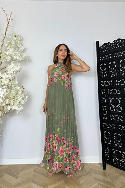 MODA Halter Yaka Piliseli Şifon Elbise Haki