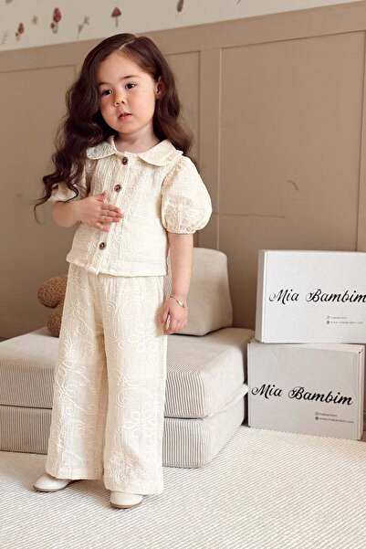 miabambim Lavin Girls' Top and Bottom Set with Embroidery Detail Beige