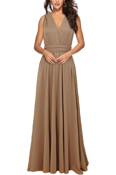 OEM Elegant long dress, sleeveless, open back, high waist, light brown L