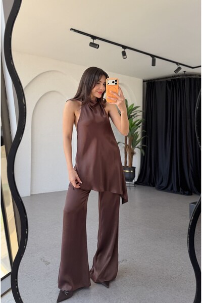 Gizem Ecemiş Prema Kahve Premium Saten Takım