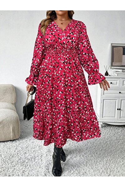 Iuliashop Rochie midi roz Penelopa cu imprimeu alb-negru - Mărimi mari - 46
