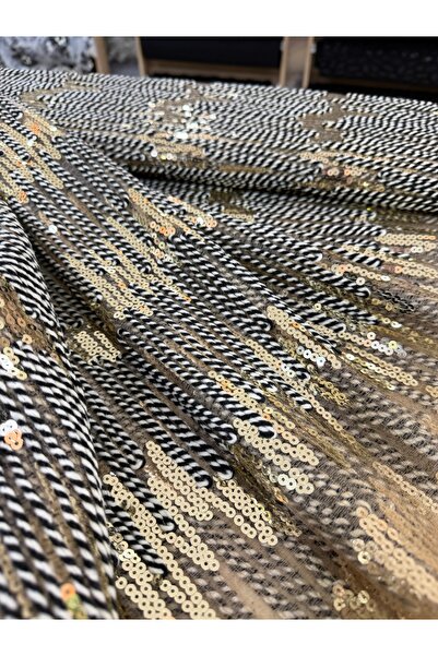 METERİAL Μαύρο και άσπρο ύφασμα με χρυσές πούλιες και ρίγες - Πολυτελές κεντη...