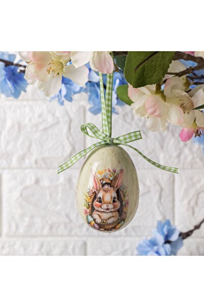 ZanaCasei Ou decorativ de Paște Ecru cu model vintage cu iepuraș și ouă color...
