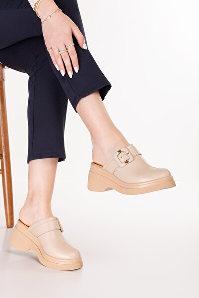 Gondol Genuine Leather Platform Sole Sabo Slippers Pkr.64030 Beige