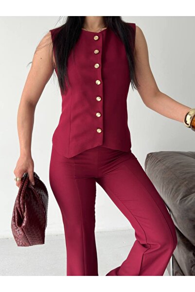 ZF BUTİK Women's Double Suit with Slit-Cut Sleeves, Buttoned Vest and Trousers