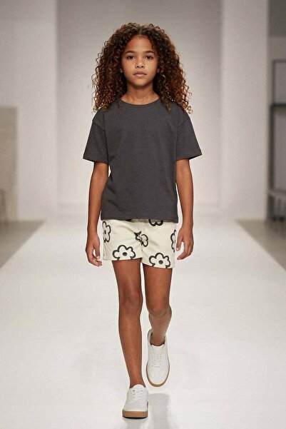 Monila Κοριτσίστικο βαμβακερό μπλουζάκι ανθρακί και σορτς με φλοράλ στάμπα, σ...