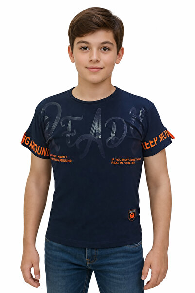 İrem Çocuk Giyim Boy's Ready Text Patterned Navy Blue Color Short Sleeve T-Shirt