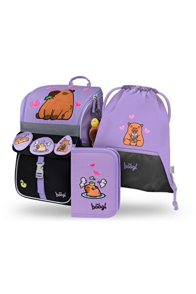 Baagl Set școlar 3 piese: Ghiozdan, Penar, Sac, Zippy Capybara, fete, 18L, Mov