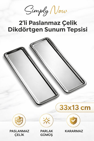 Simply Now 2’li Gümüş Dikdörtgen Sunum Tepsisi 33x13 cm – Paslanmaz Çelik Çay...