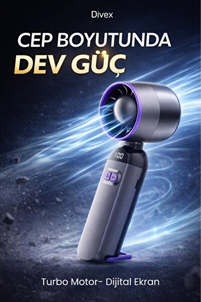 Divex Dijital Ekranlı Taşınılabilir Şarjlı Mini El Fanı Turbo Üfleme Teknoloj...