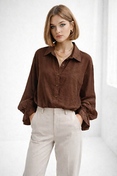 ribana Γυναικείο πουκάμισο με μανίκια μέχρι τον αστράγαλο και τελειώνει με κο...