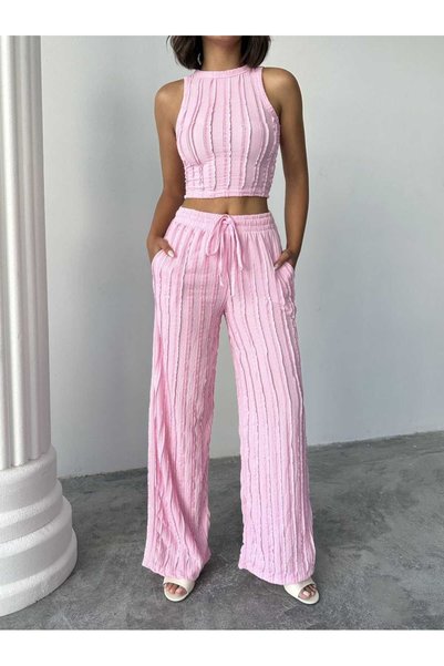MODA GARDEN 35 Women's Black Pink Yellow Ribbed Crop Blouse Pants Set High Waist Wide Leg Summer Wear