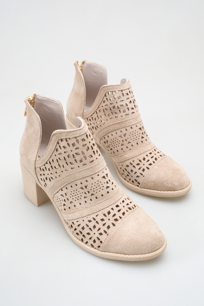 LDR Women's Beige Suede Laser Cut Perforated Summer Boots