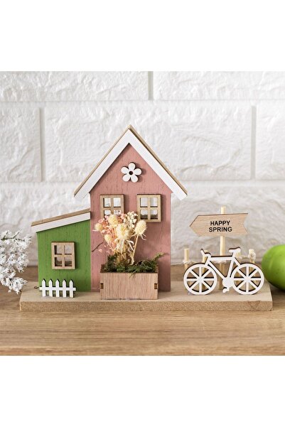 ZanaCasei Decorațiune de Paște Căsuță din lemn roz-verde cu bicicletă și flor...
