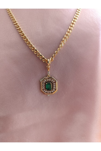 Butik Serenay Kolye Yeşil Zümrüt uçlu uzun zincir kolye