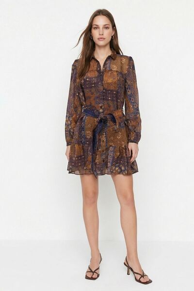 Rays Brown Ethnic Patterned Belted Dress 35560