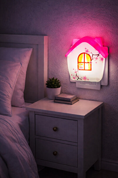 kialed Pembe Laleli Çocuk Bebek Gece Lambası Priz Tipi LED Dekoratif Oda Aydınlatma Uyku Lambası