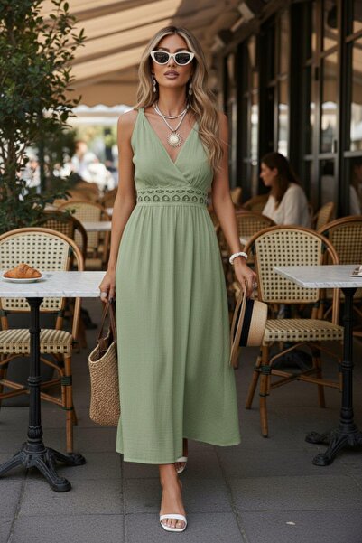 Mossta Double-Breasted Collar, Waist Lace, Long Wrap Dress - Green