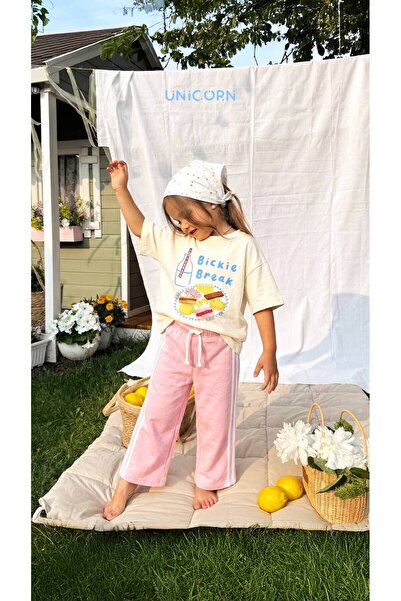 Leni Kids Girl's Cotton Ecru Printed T-Shirt and Pink Sweatpants Set