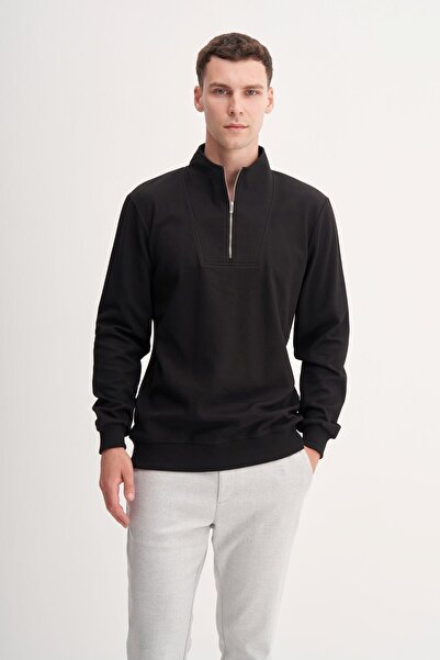 Cazador Premium Regular Fit Thick Textured Stand Collar Zippered Sweatshirt-5...