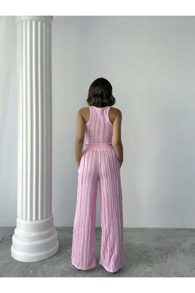 MODA GARDEN 35 Women's Black Pink Yellow Ribbed Crop Blouse Pants Set High Waist Wide Leg Summer Wear