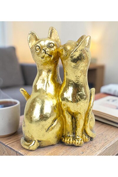 e-life shop Lüks Polyester Gold 2li Kedi Biblo Dekoratif Ürün Ev Ofis Yeni Yı...