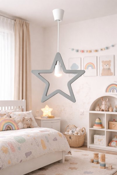 Jaju Baby Gri Yıldız Çocuk Odası Avize - 45x45 cm | Dekoratif Sarkıt Aydınlatma