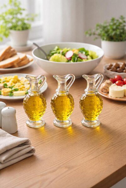handanca 3 lü Cam Minik Zeytinyağı Sirke Limon Suyu için Sofra Sosluk Şişe Ya...