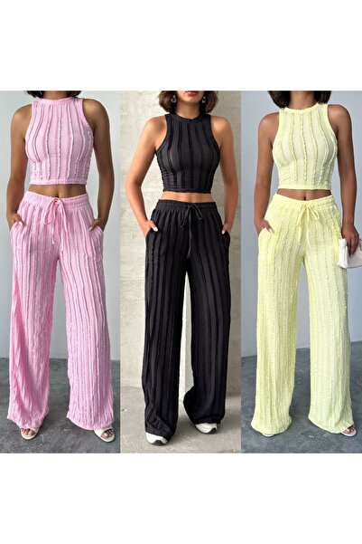 MODA GARDEN 35 Kadın Siyah Pembe Sarı Fitilli Crop Bluz Pantolon Takım Yüksek...