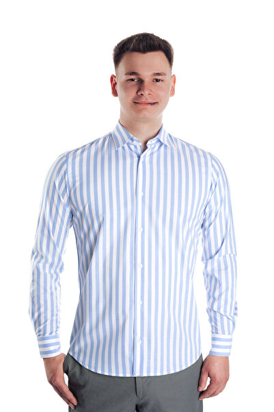 URSACHI Ανδρικό πουκάμισο casual, λευκό με μπλε ρίγες, βαμβακερό, μακρυμάνικο...