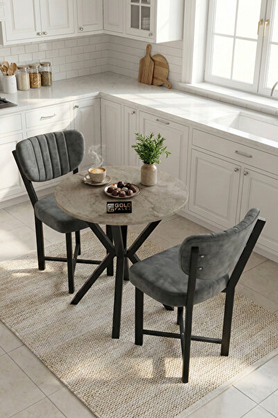 GOLDFALEZ Mutfak Masası 70 Çap 2 Sandalyeli Traverten Görünümlü Balkon Bahçe ...