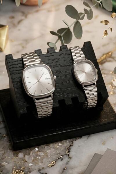 OQQO Helios Dikdörtgen Kasa Gri Kadran Gri Kordon Takvim Detaylı Çift Saati