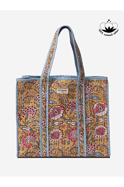Strippe Floral Desenli Pamuklu Sarı Kumaş Günlük Omuz Çantası - Tote Bag