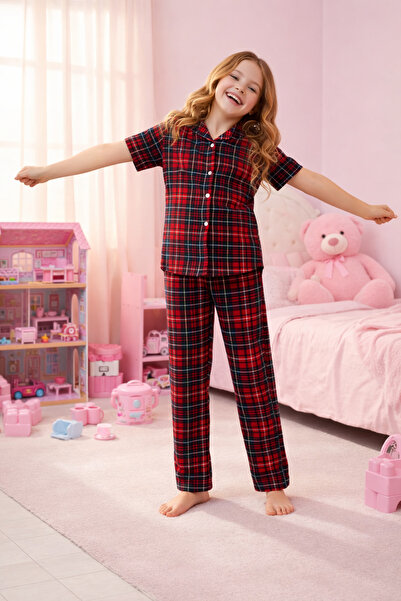 zahider Κοριτσίστικο βαμβακερό κοντομάνικο καρό σετ καλοκαιρινών πιτζαμών