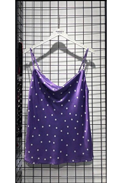 MAESTRO WOMAN Γυναικεία Μωβ Πουά Μπλούζα με Τιράντες και Ντραπέ Σατέν