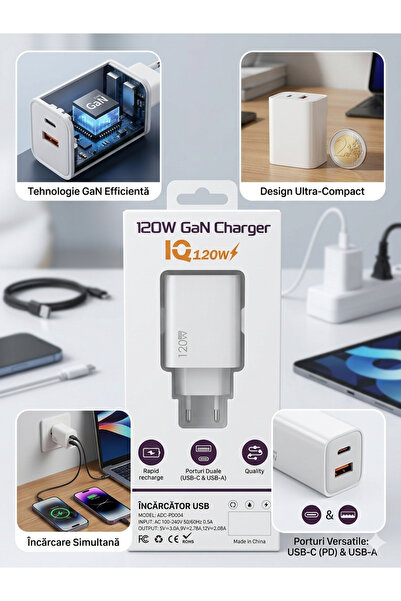 PD Fast Charge Încărcător GaN 120W Ultra-Rapid cu 2 Porturi USB-C/USB-A – Put...