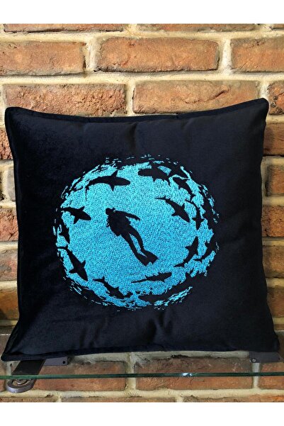 harmony factory Black Velvet Cushion Cover with Blue Embroidered Diver and Sh...