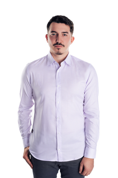 URSACHI Casual men's shirt, white with purple stripes, cotton, long sleeves, ...
